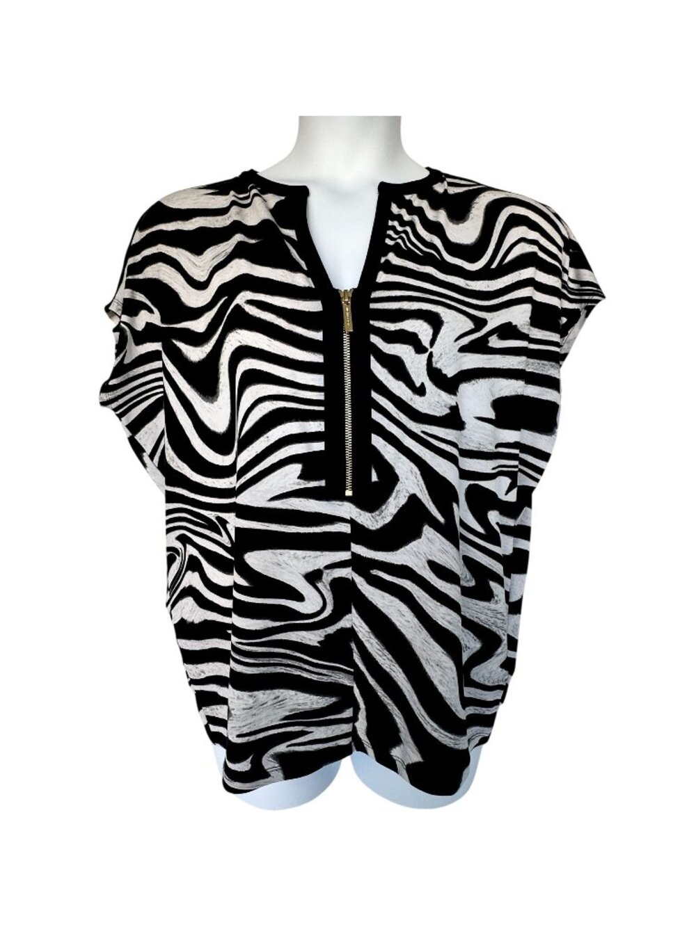 Michael Kors Zebra Print Dolman Sleeve Tunic Top Half Zip Stretch Blouse L